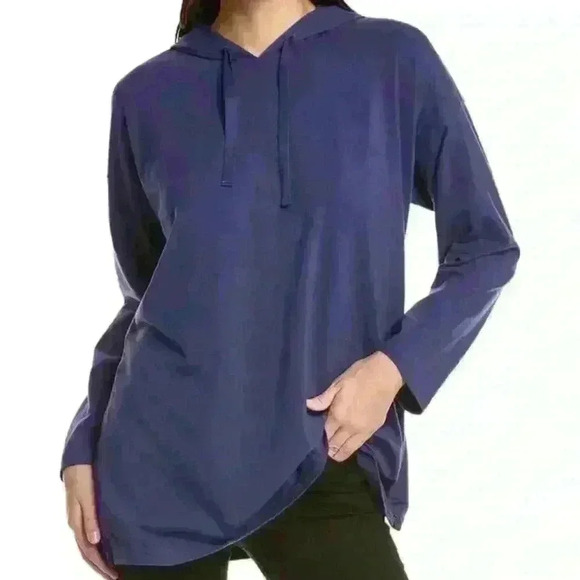 EILEEN FISHER Blue Stretch Jersey Hoodie Top Size Large (flaws Shown 3rd Photo) - Picture 1 of 14